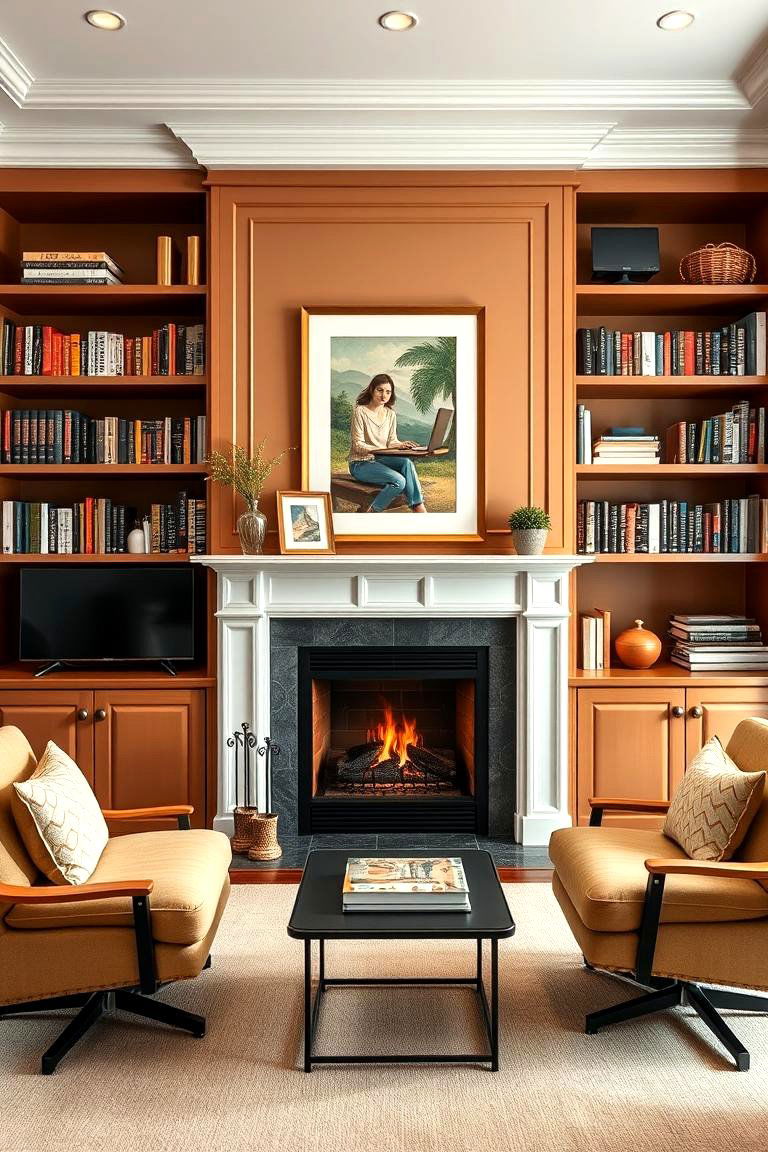 Using Shelving for a Home Office Around the Fireplace - 25 Fireplace With Bookshelves