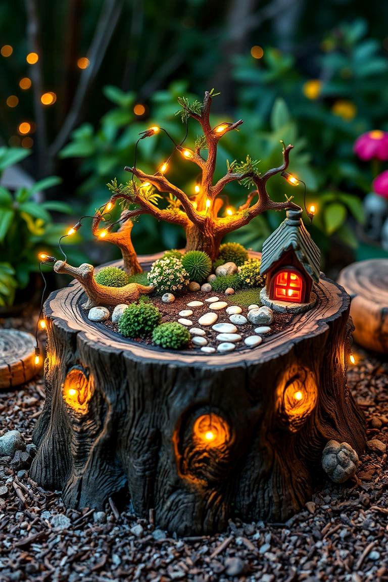Using Small LED Lights for Evening Ambiance - 25 Tree Stump Fairy Garden Ideas