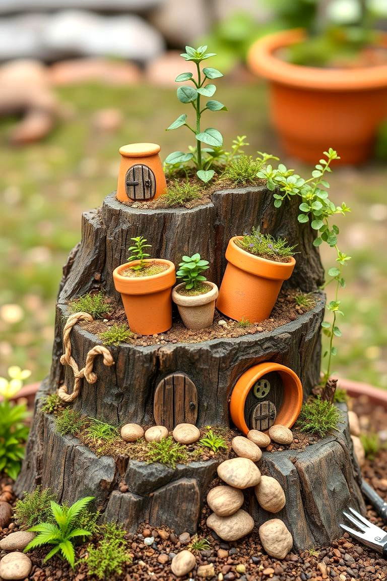 Using Terracotta Pots as Miniature Dwellings - 25 Tree Stump Fairy Garden Ideas