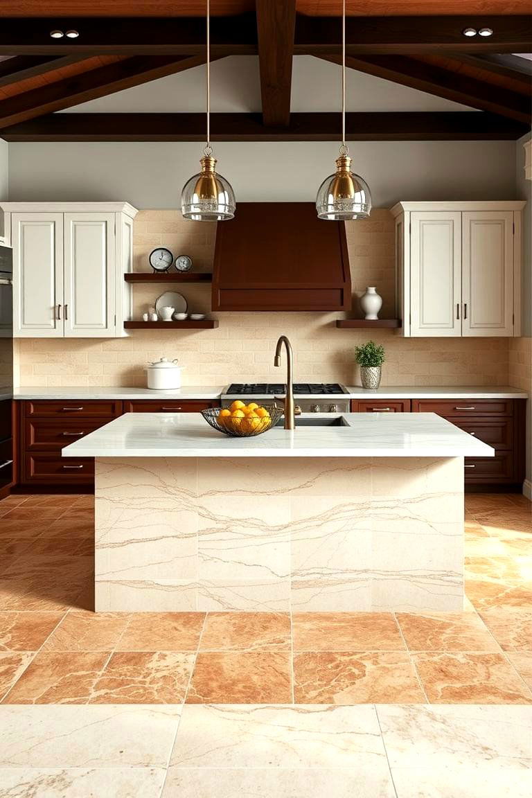 Using Travertine in a Kitchen with an Island - 25 Travertine Floor Kitchen Ideas