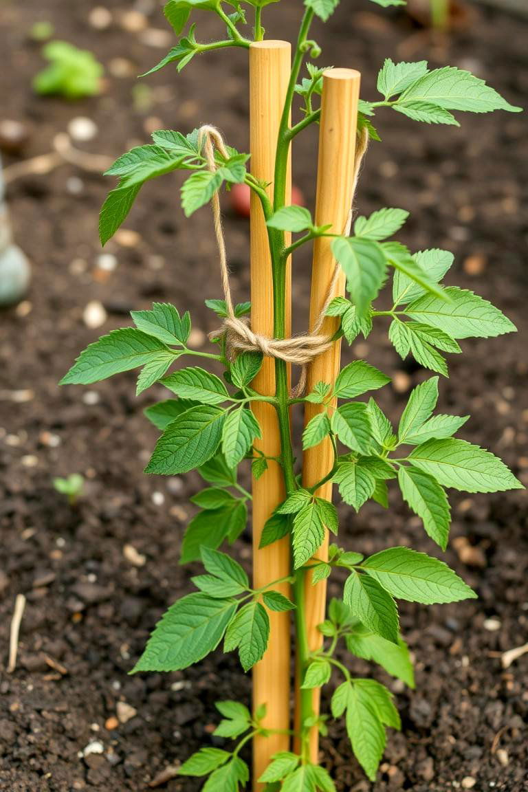 Using a Classic Stake for Simple Tomato Support - 25 Tomato Trellis Ideas