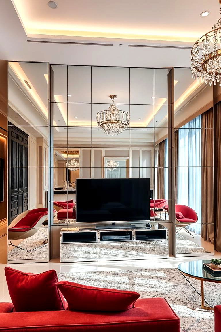 Utilize Mirrored Panels for Glamour - 25 Media Wall Ideas