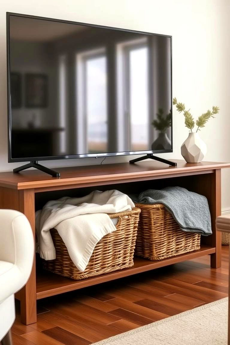 Utilizing Decorative Baskets for Blanket Storage - 25 Tv Console Decor Ideas