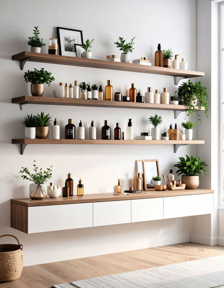 Utilizing Wall Mounted Shelves for Decorative Storage Vanity Room Ideas