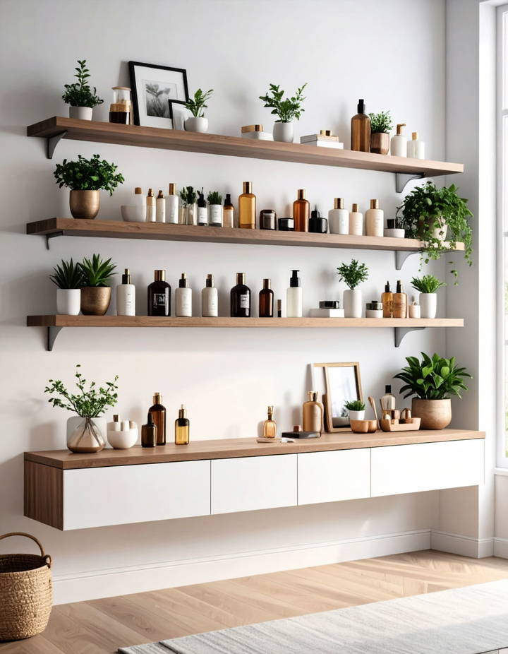 Utilizing Wall Mounted Shelves for Decorative Storage Vanity Room Ideas