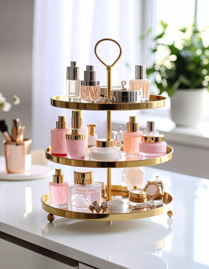 Utilizing a Tiered Tray for Elevated Product Display Vanity Room Ideas