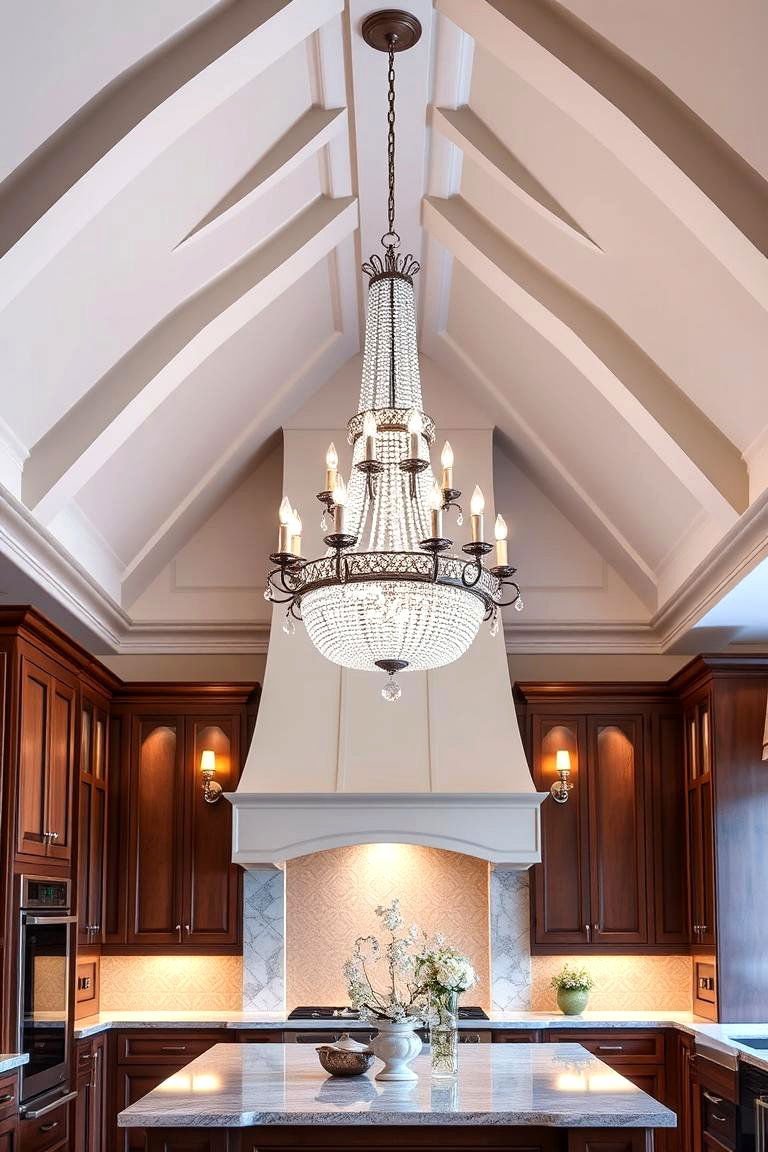 Vaulted Ceiling with a Chandelier - 25 Vaulted Ceiling Kitchen Ideas