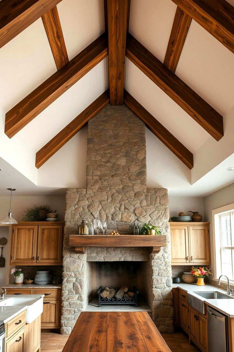 Vaulted Ceiling with a Rustic Stone Fireplace - 25 Vaulted Ceiling Kitchen Ideas