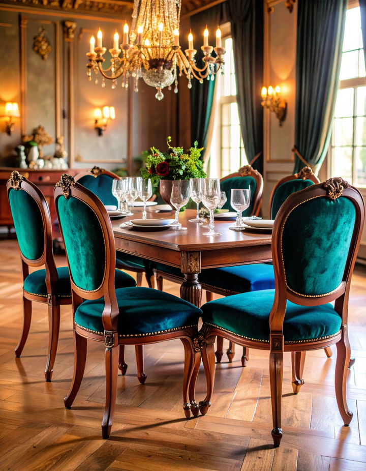 Velvet Upholstered Seating Vintage Dining Room Ideas