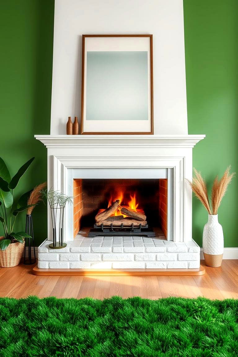 Verdant Green Rug in Front of Fireplace - 25 Green Fireplace Ideas
