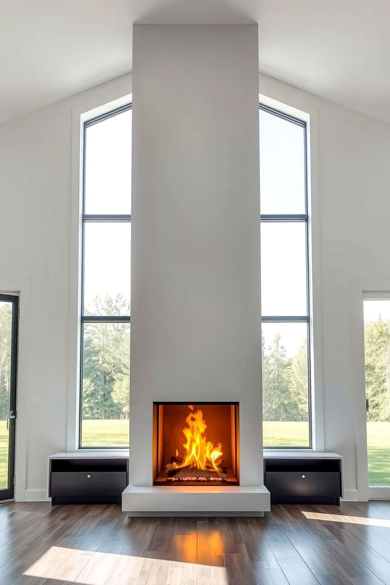 Vertical Fireplace Design Between Two Windows - 25 Fireplace Between Windows Ideas