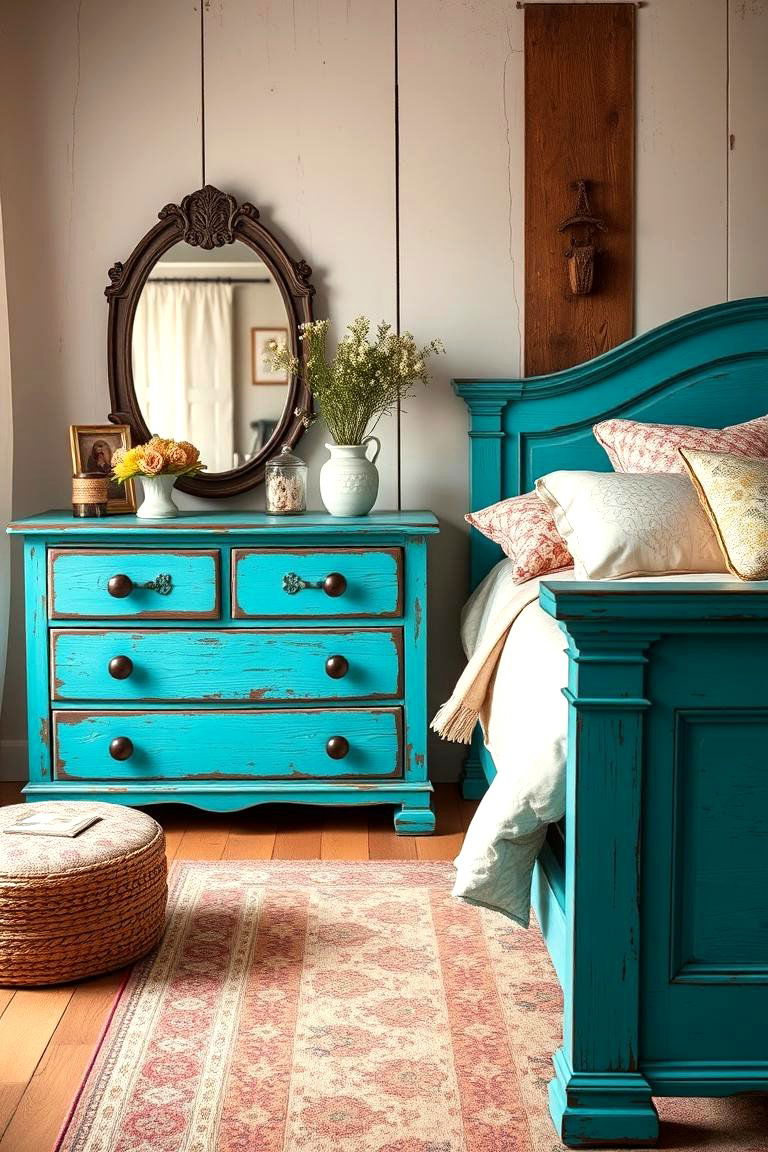 Vintage Charm with Distressed Turquoise Furniture - 25 Turquoise Bedroom Ideas