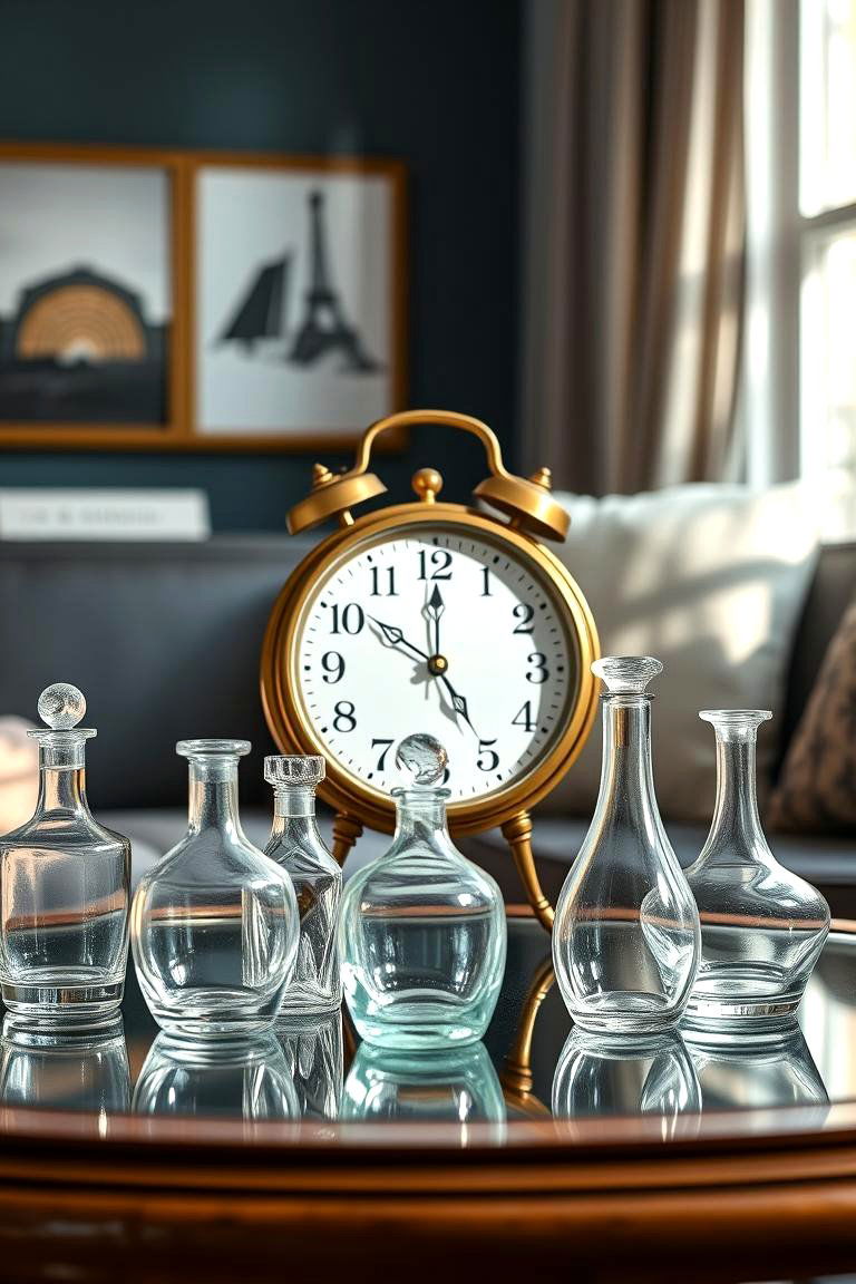 Vintage Clock and Small Glassware - 25 Coffee Table Centerpiece Ideas