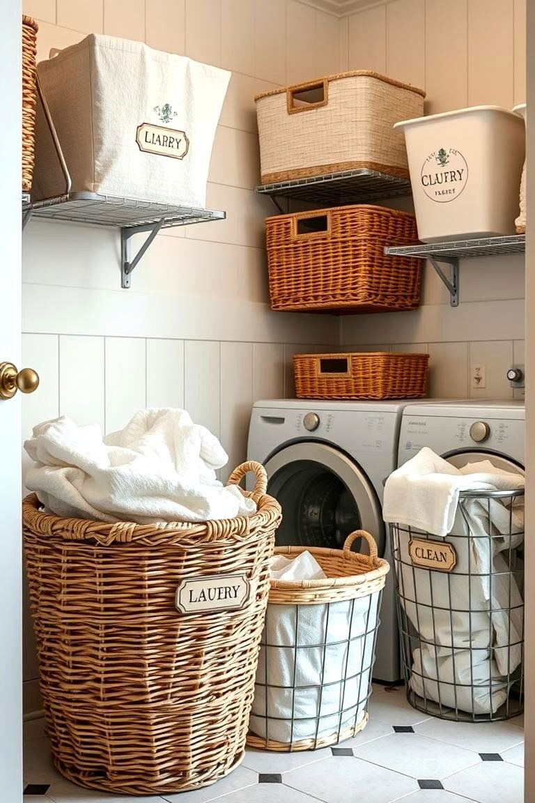 Vintage Farmhouse Baskets for Organization - 25 Farmhouse Laundry Room Ideas