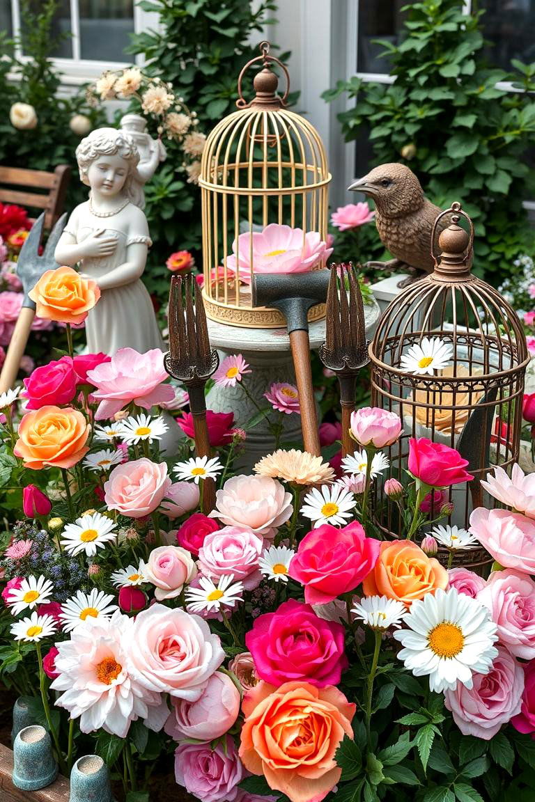 Vintage Inspired Flower Bed with Antique Elements - 25 Front Yard Texas Flower Bed Ideas
