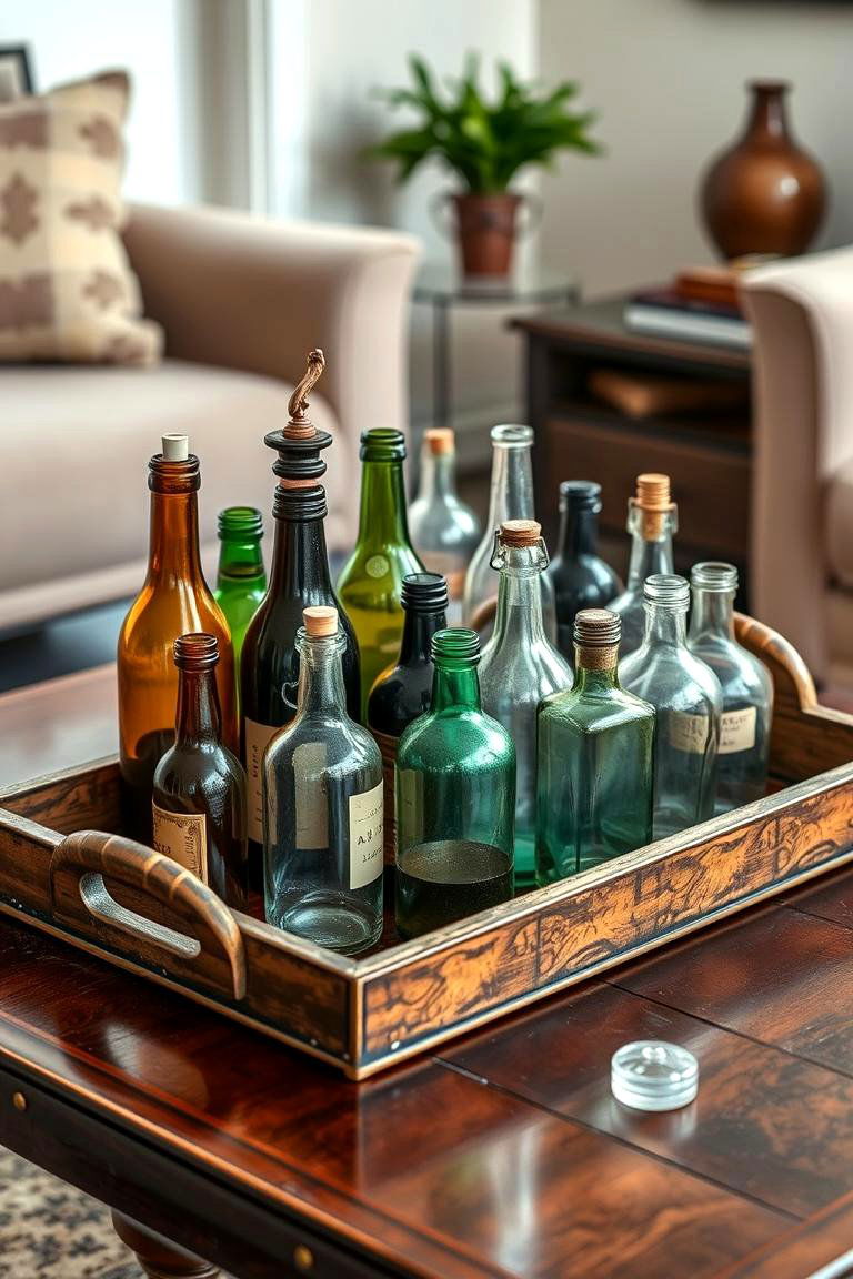 Vintage Tray with Antique Bottles - 25 Coffee Table Centerpiece Ideas