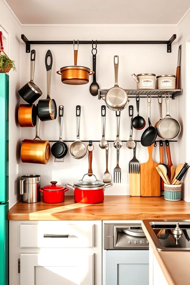 Wall Mounted Pot Racks - 25 Tiny House Storage Ideas