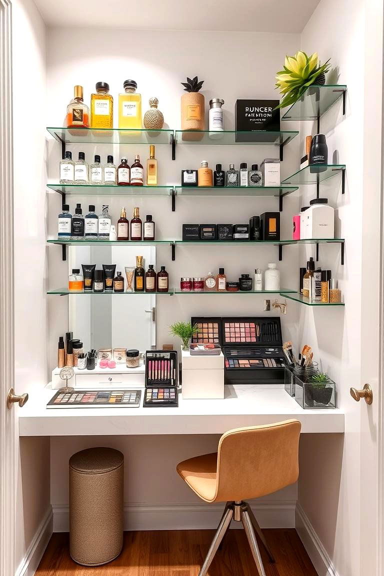 Wall Mounted Shelving for Display and Storage - 25 Makeup Room Ideas