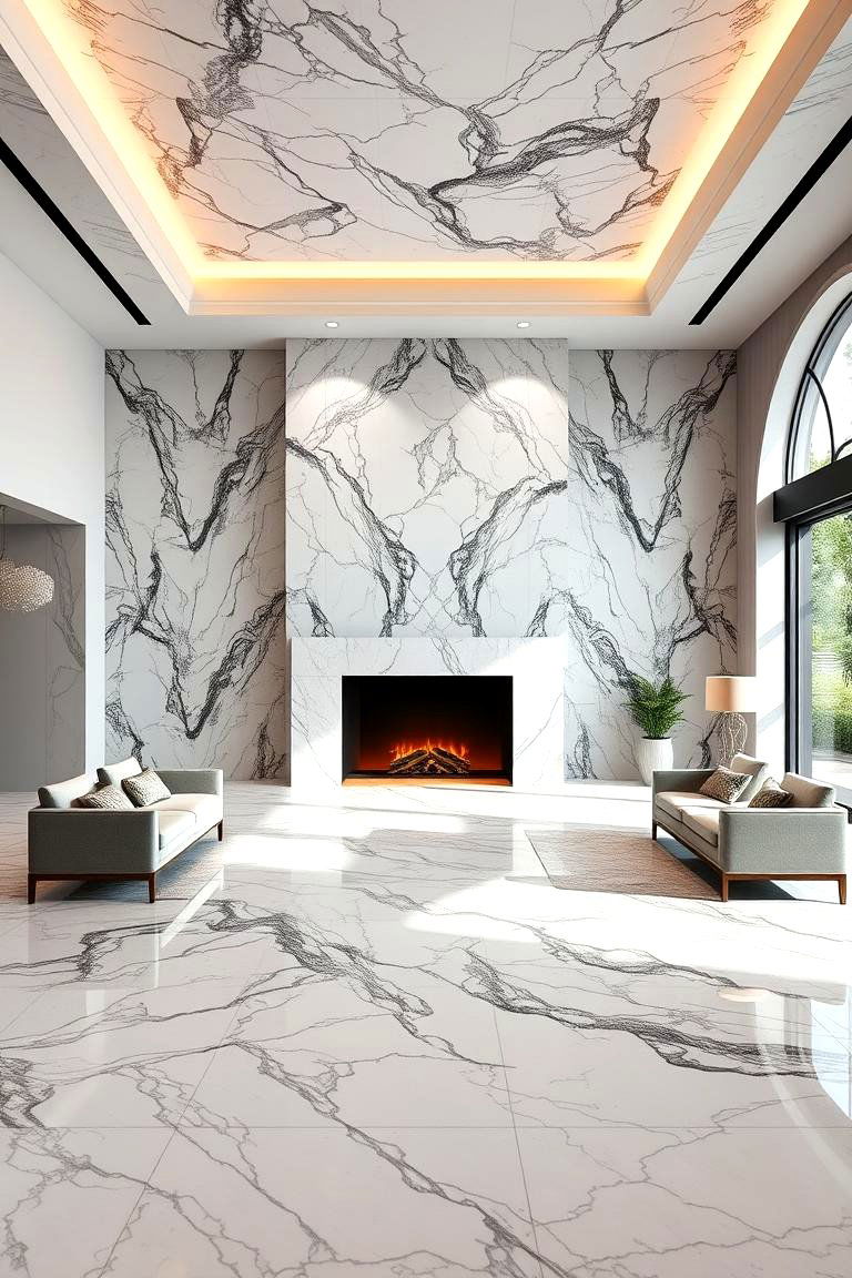 Wall to Floor Marble for a Statement - 25 Marble Floor Living Room Ideas
