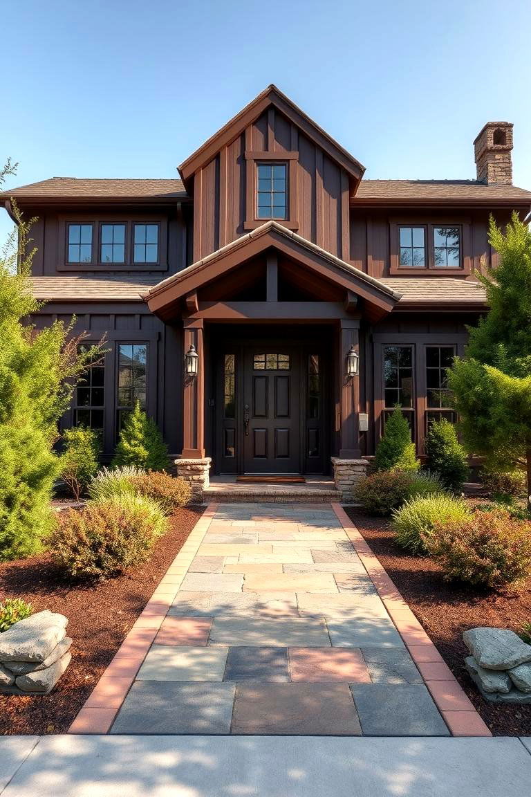 Warm Chocolate Brown with Natural Stone Pathways - 25 Chocolate Brown House Exterior Design Ideas