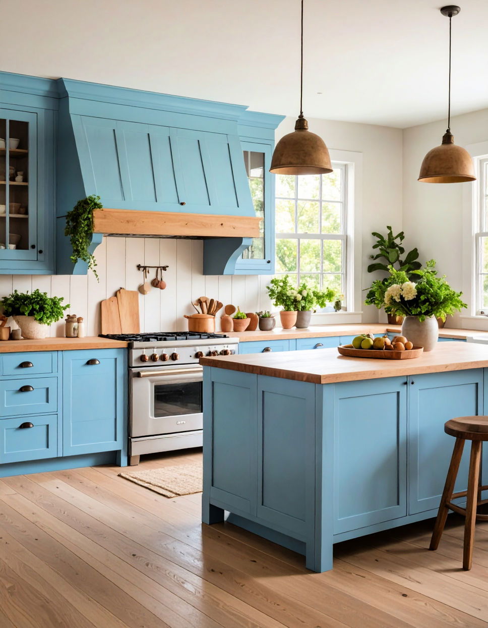 Warm Honey and Soft Blue Two Tone Kitchen Cabinet Ideas