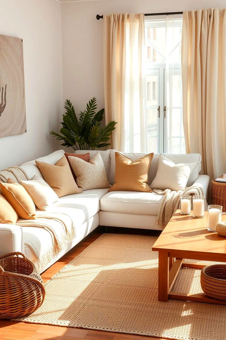 Warm Neutrals with Natural Textures - 25 White Couch Living Room Ideas