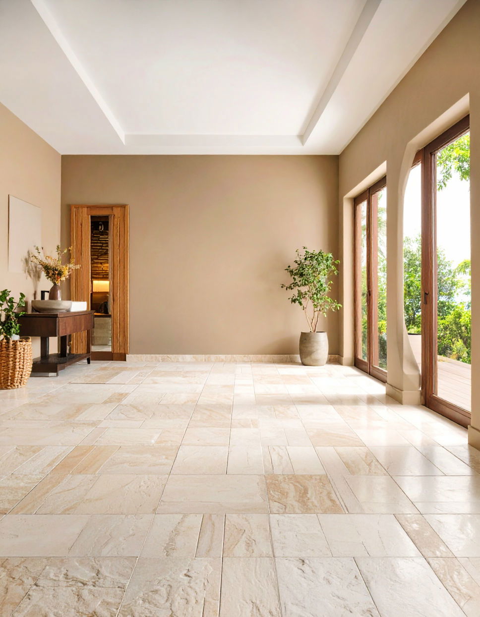Warm Taupe Walls with Natural Stone Floor
