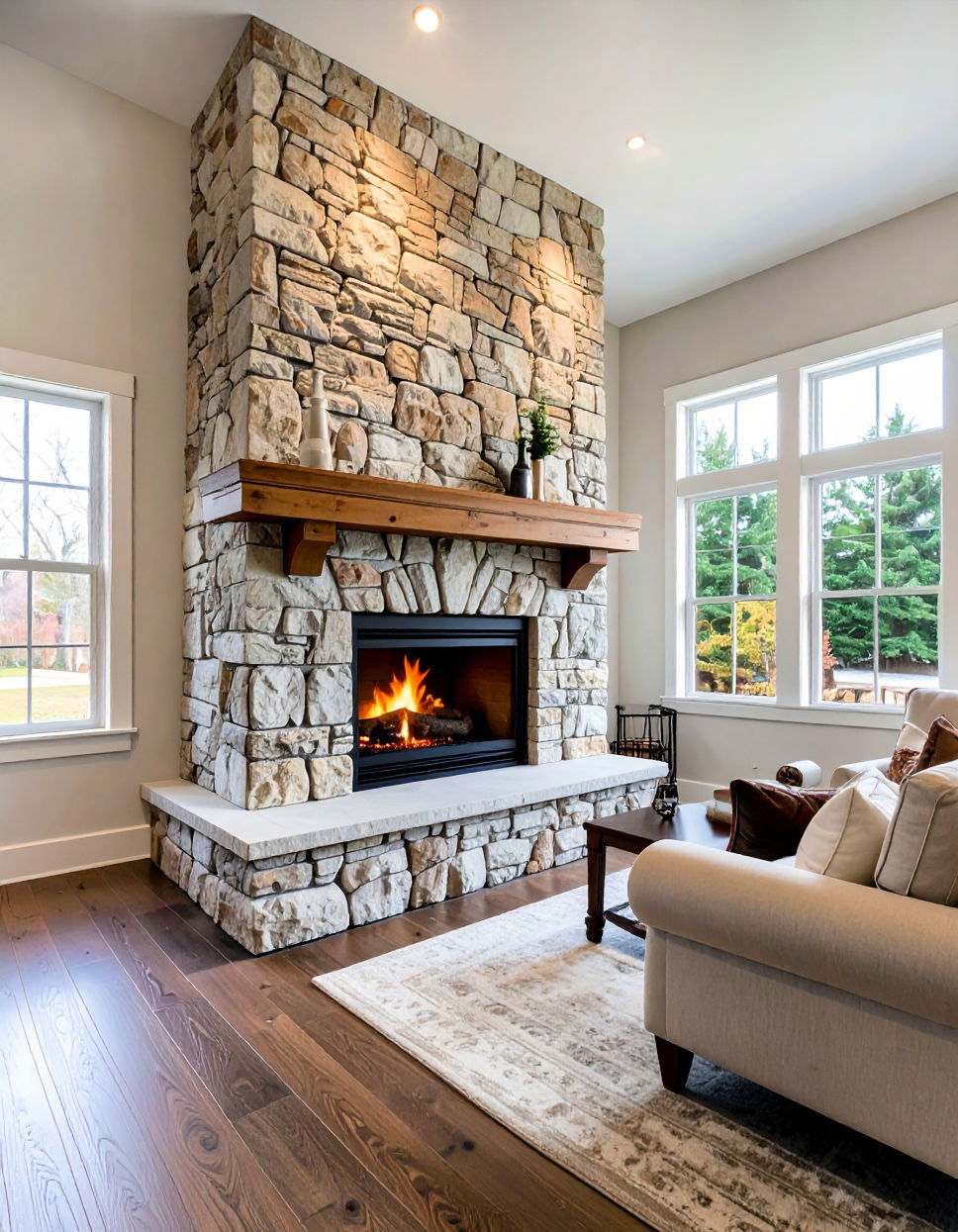 Weathered Stone Floor to Ceiling Fireplace