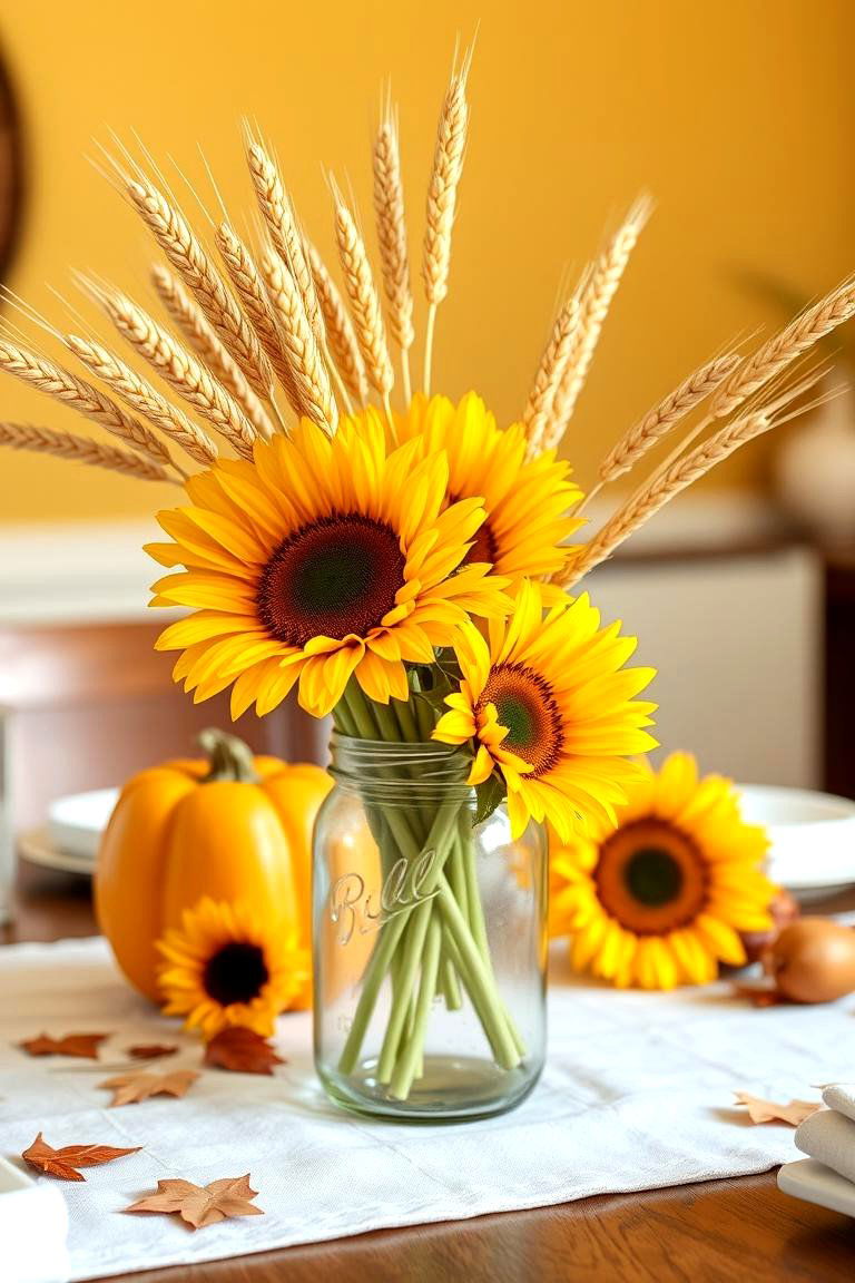 Wheat and Sunflower Centerpiece - 25 Thanksgiving Centerpiece Ideas