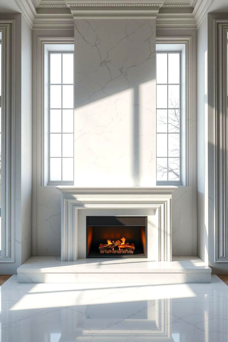 White Marble Fireplace for a Luxurious Touch - 25 Fireplace Between Windows Ideas