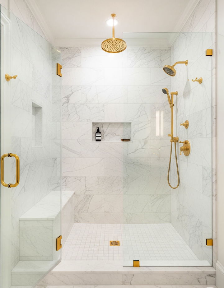 White Marble with Gold Accents for Luxury Walk in Shower Tile Ideas