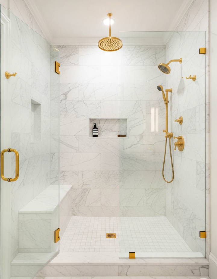 White Marble with Gold Accents for Luxury Walk in Shower Tile Ideas