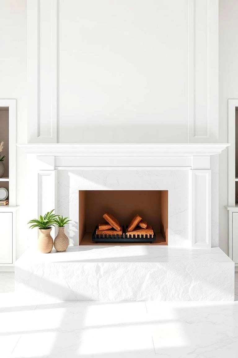 White Stone Hearth for a Bright Clean Look - 25 Fireplace Hearth Ideas