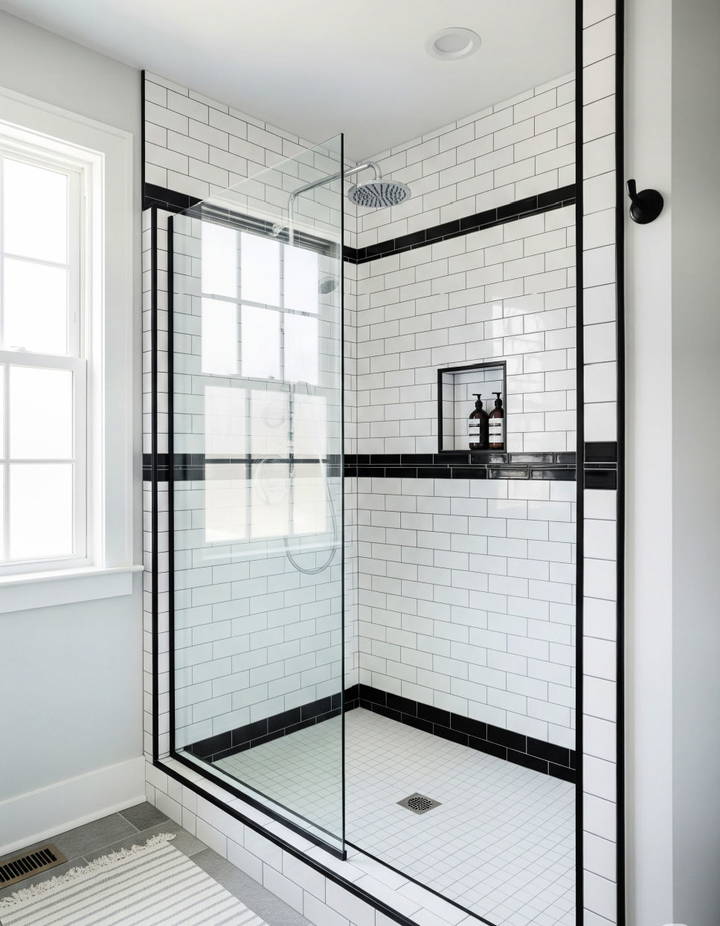 White Subway Tiles with Black Trim for Contrast Walk in Shower Tile Ideas