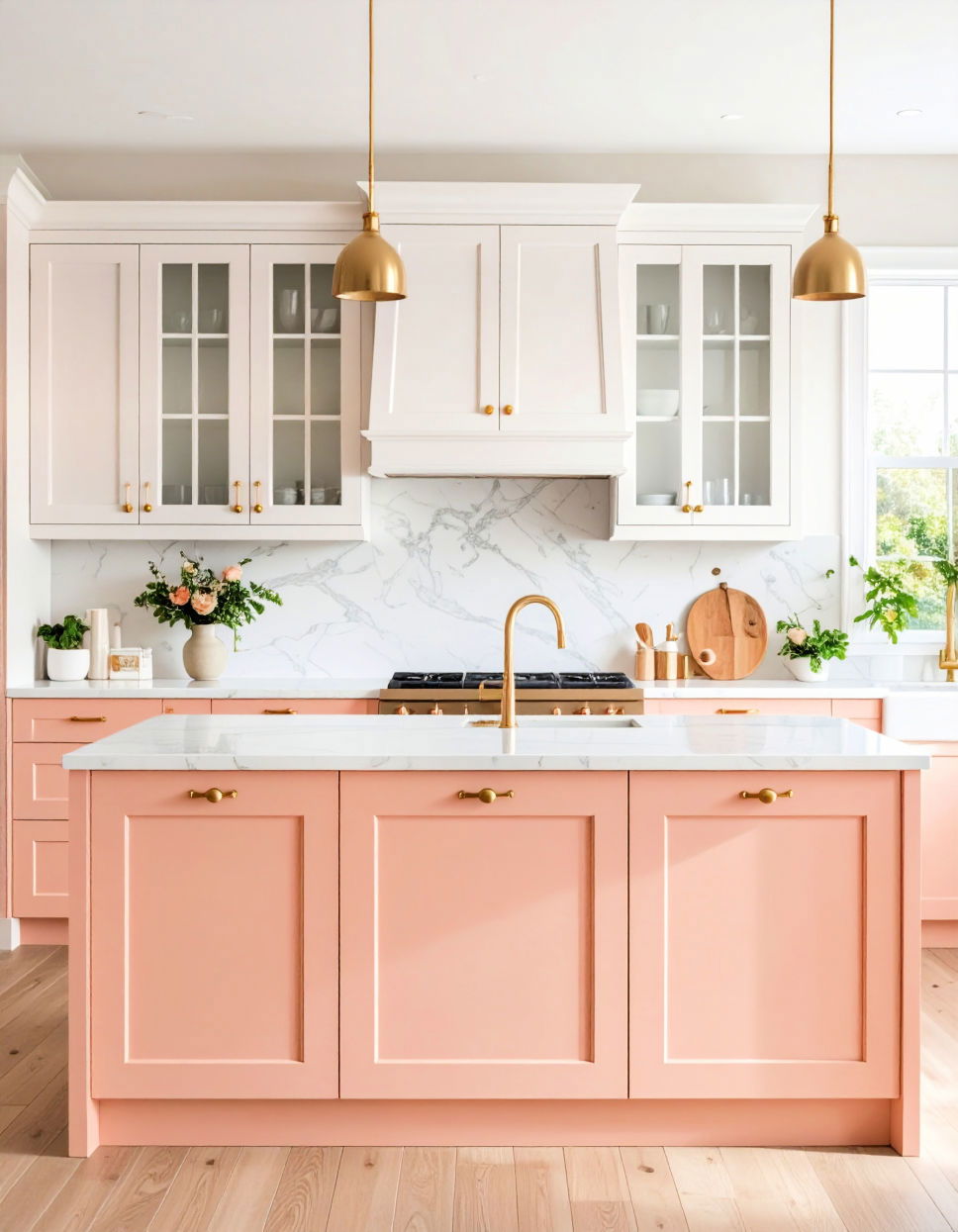 White and Soft Peach Two Tone Kitchen Cabinet Ideas