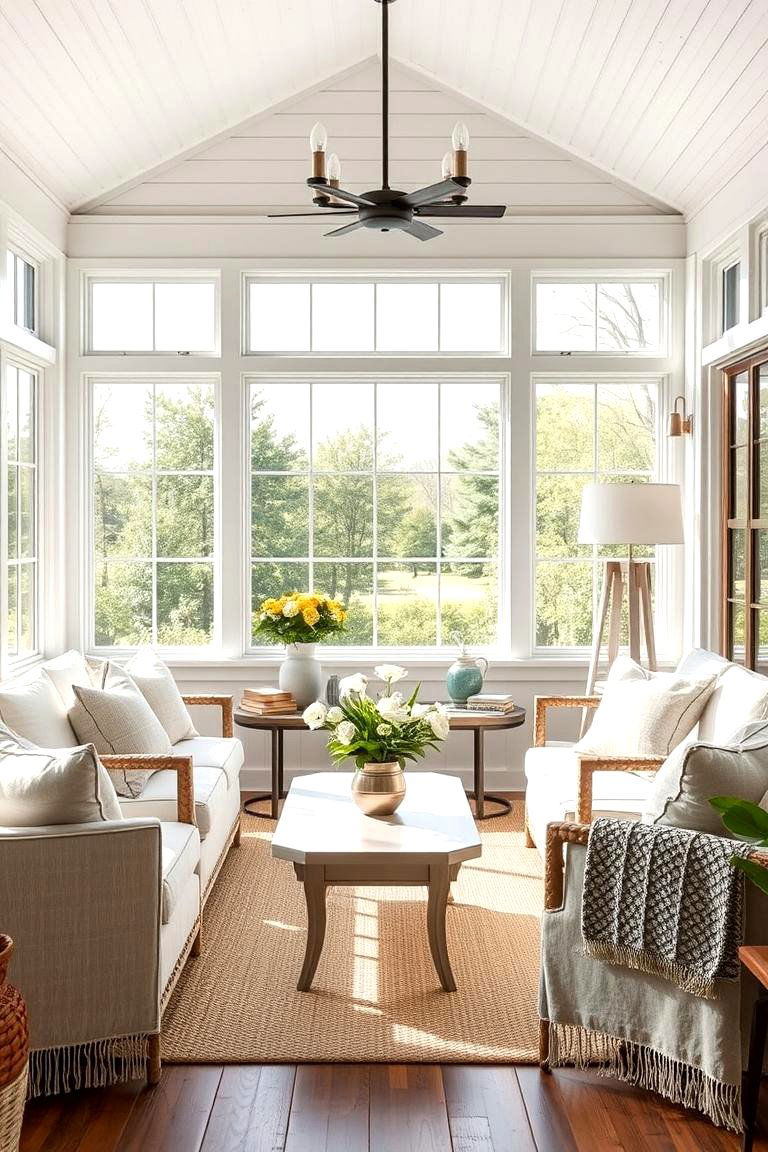 White or Neutral Upholstered Furniture - 25 Farmhouse Sunroom Ideas