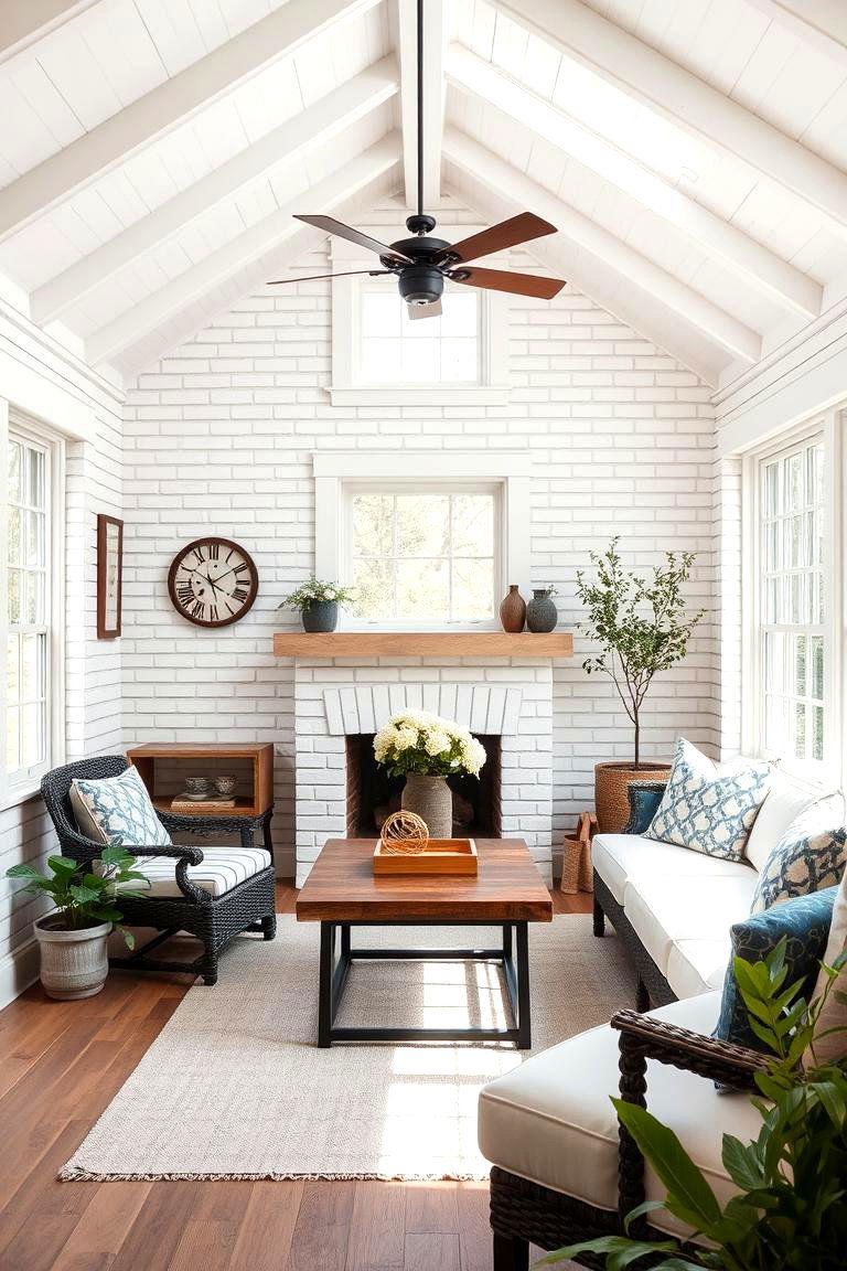 Whitewashed Brick Accents - 25 Farmhouse Sunroom Ideas