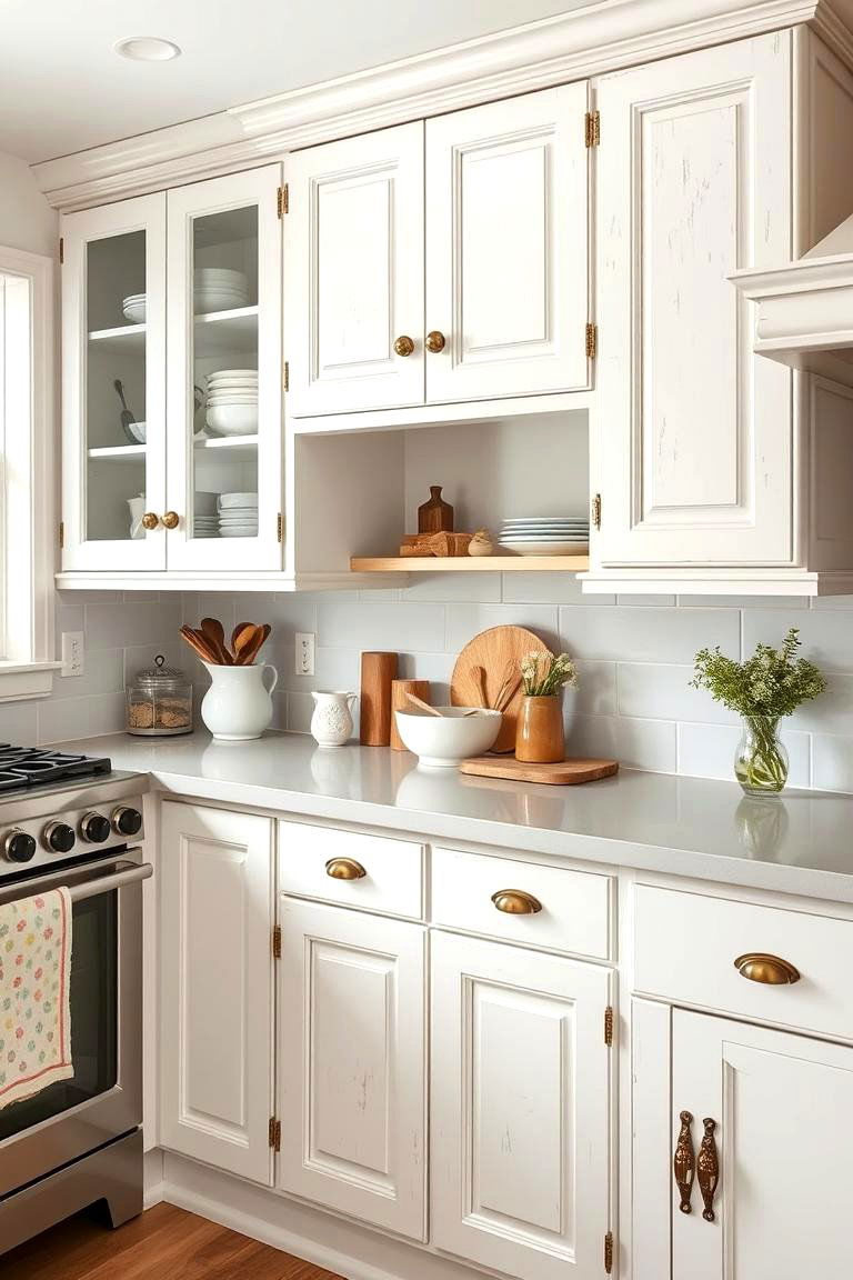 Whitewashed Cabinets with Antique Hardware - 25 French Country Kitchen Ideas