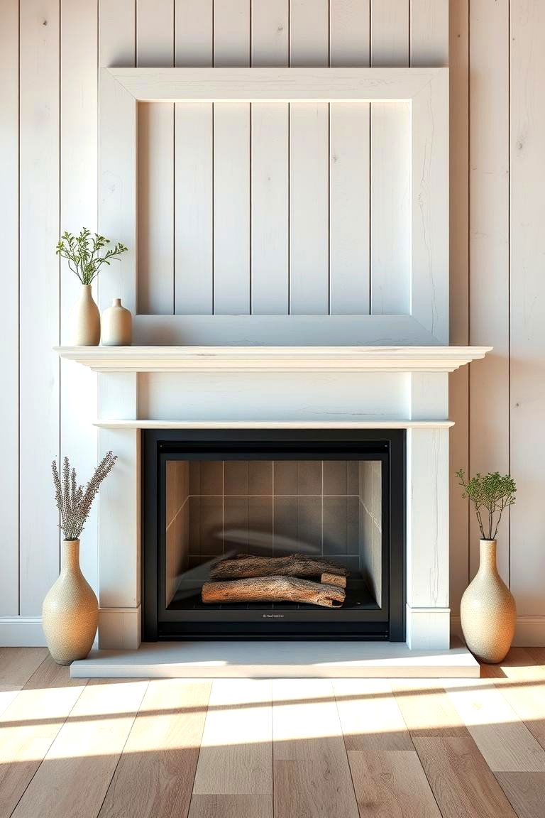 Whitewashed Timber Frame with Neutral Surround - 25 Fireplace Wall Ideas