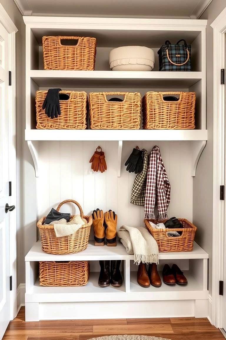 Wicker Baskets for Charming Organization - 25 Farmhouse Mudroom Ideas
