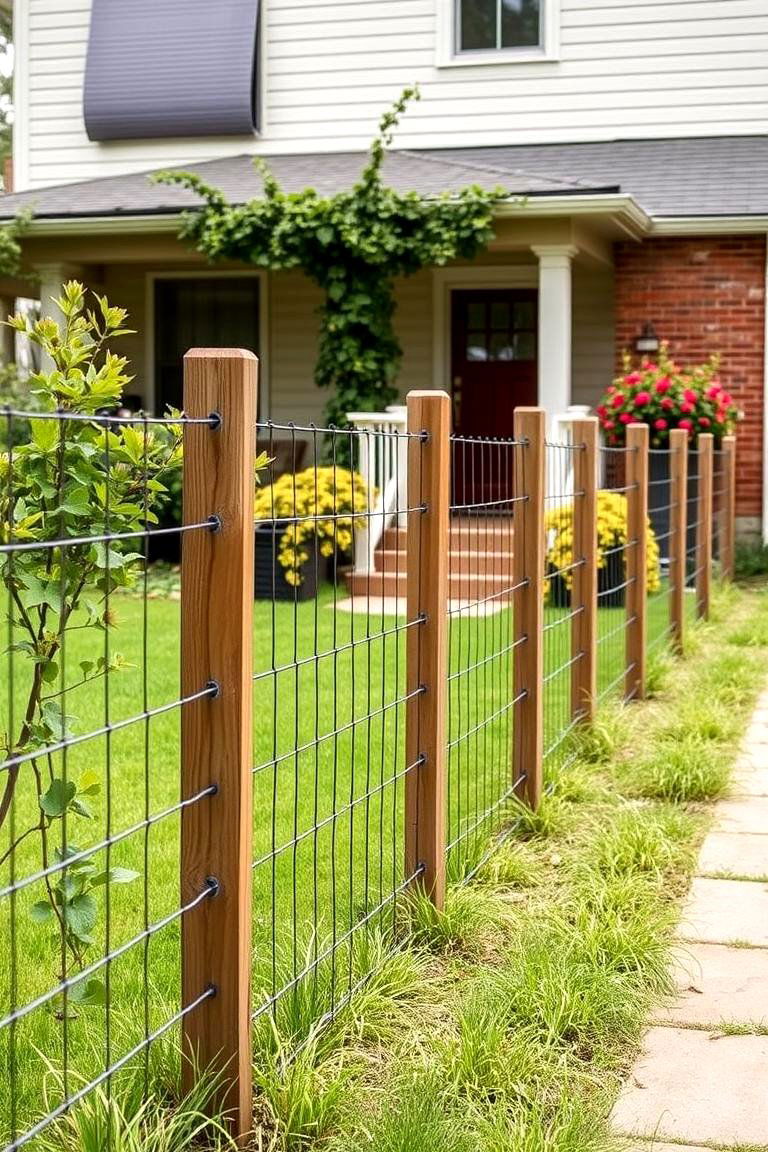 Wire Fence with Wooden Posts - 25 Front Yard Fence Ideas