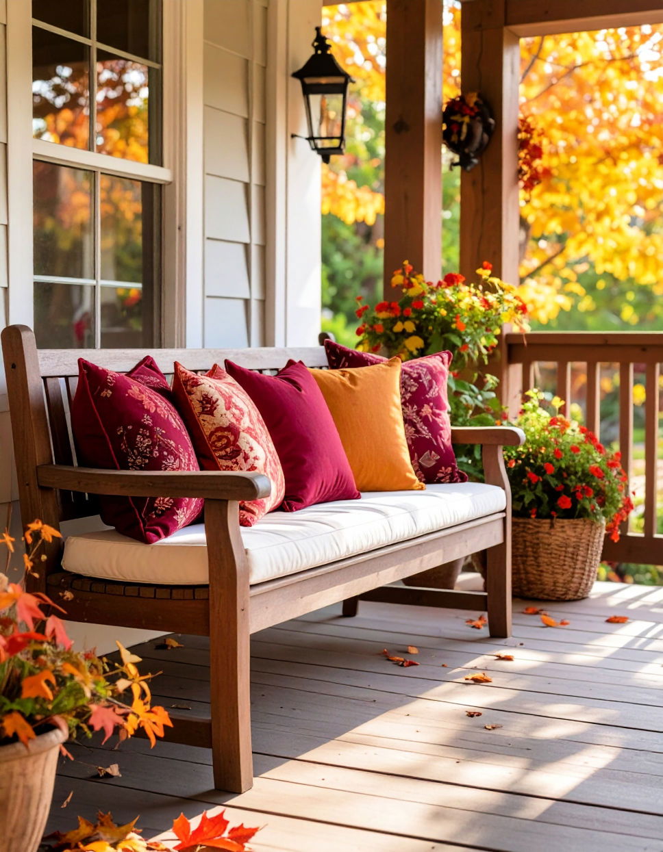 Wooden Bench with Throw Pillows