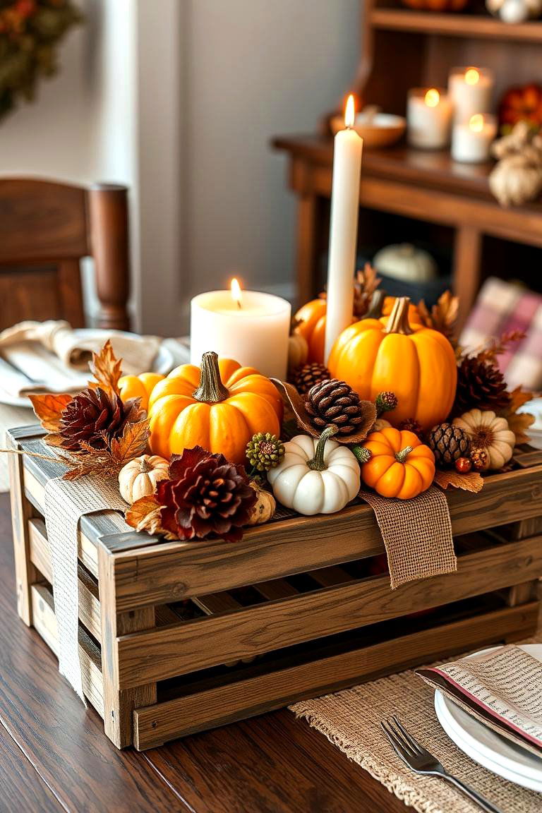 Wooden Crate with Seasonal Items - 25 Thanksgiving Centerpiece Ideas