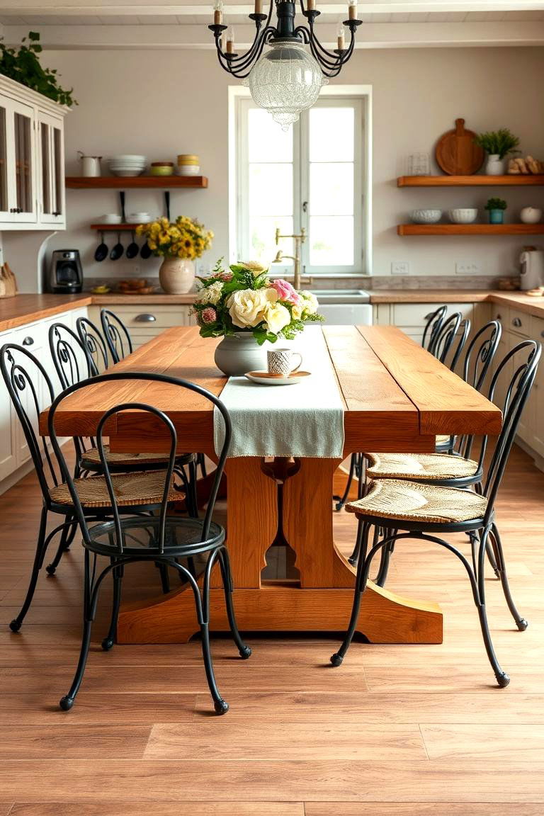 Wooden Dining Table with Iron Chairs - 25 French Country Kitchen Ideas
