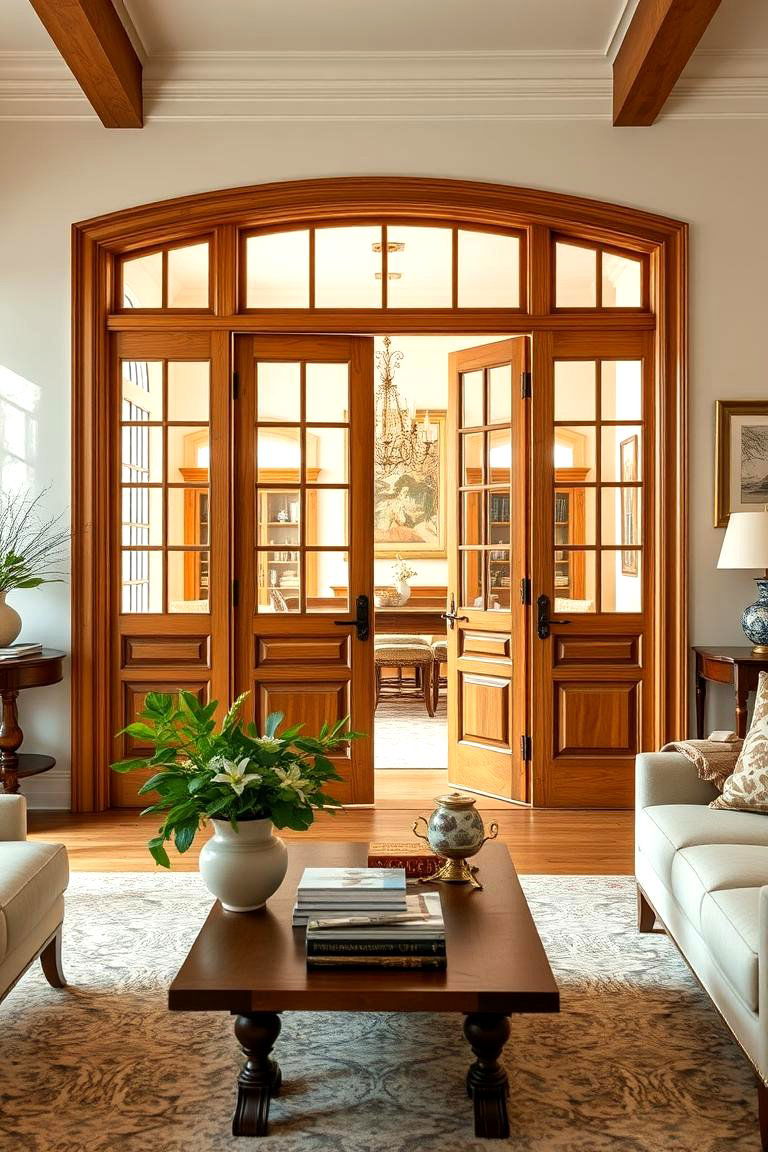Wooden French Doors for Open Elegant Spaces - 25 French Country Living Room Ideas