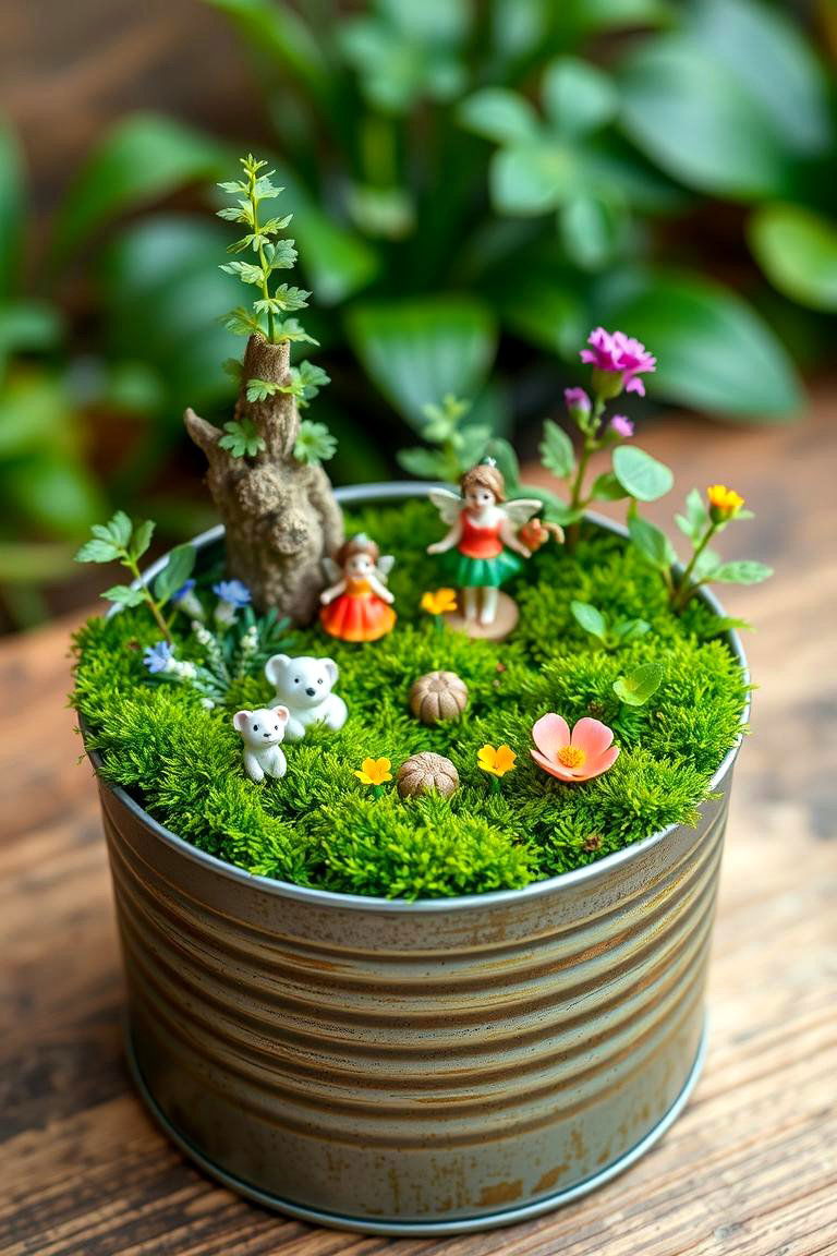 Woodland Fairy Garden in a Rustic Tin Can - 25 Fairy Garden Container Ideas