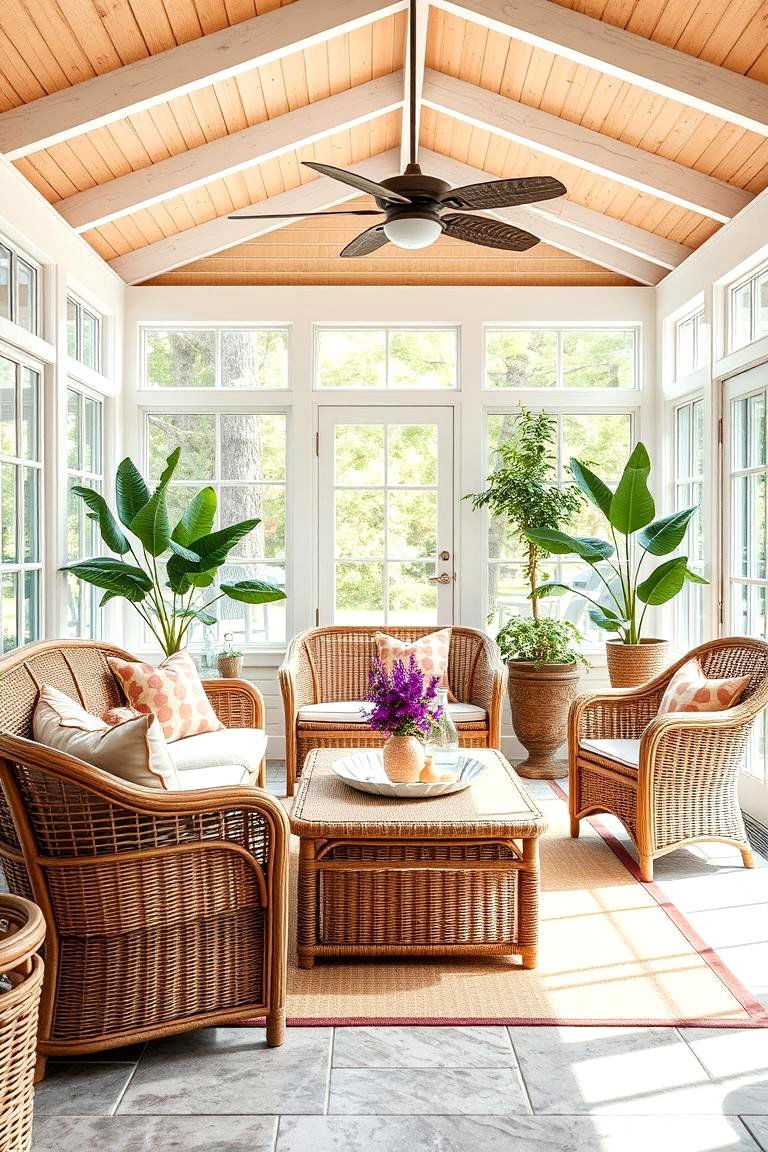 Woven Rattan Furniture - 25 Farmhouse Sunroom Ideas