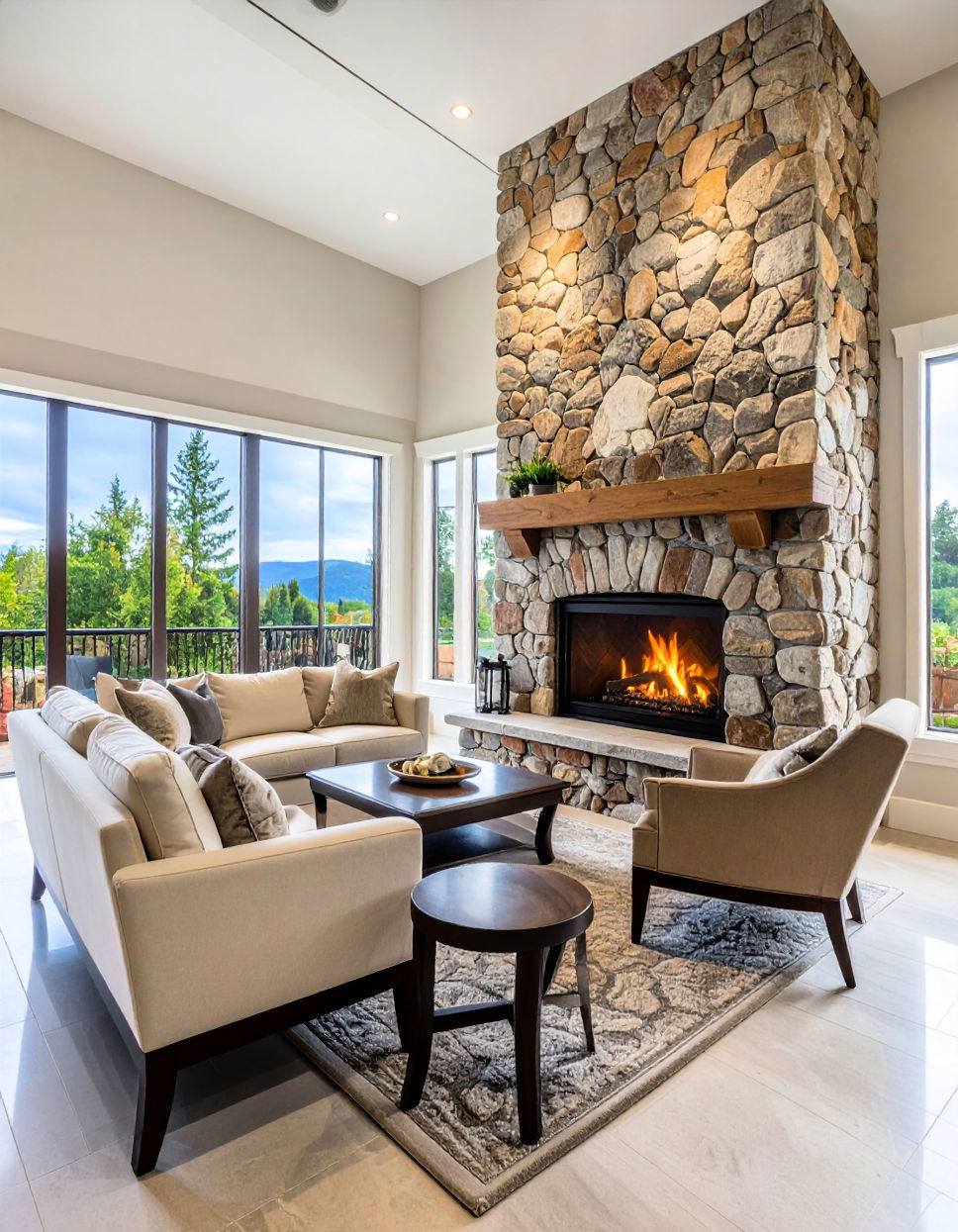 floor to ceiling Cobblestone Fireplace
