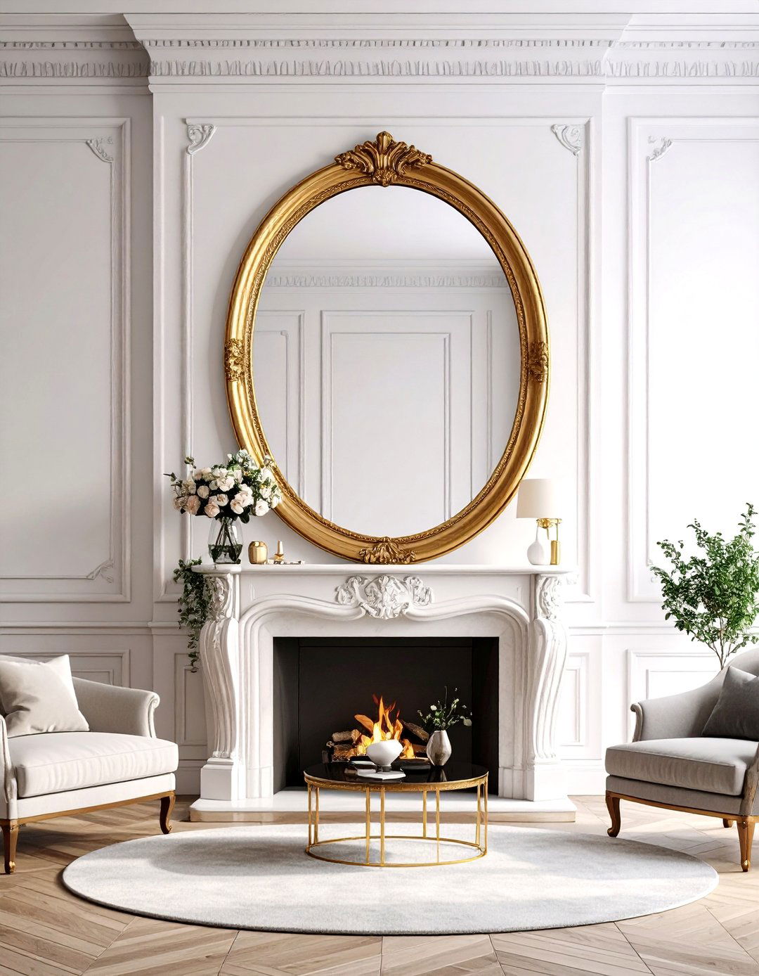 A Gilded Mirror Above the Mantel Becomes the Star - 25 parisian-style living room ideas