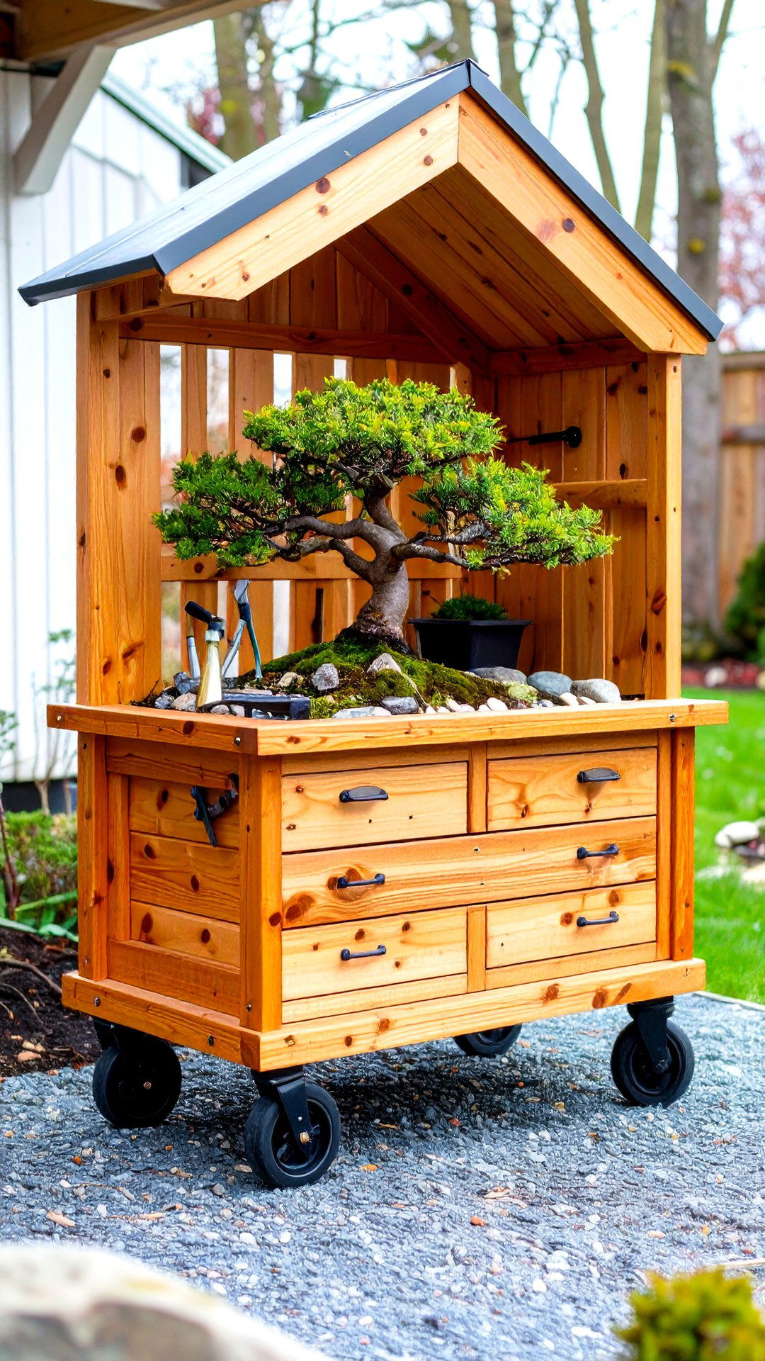 A Mobile Bonsai Cart Simplifies Storm Protection - 25 bonsai garden ideas